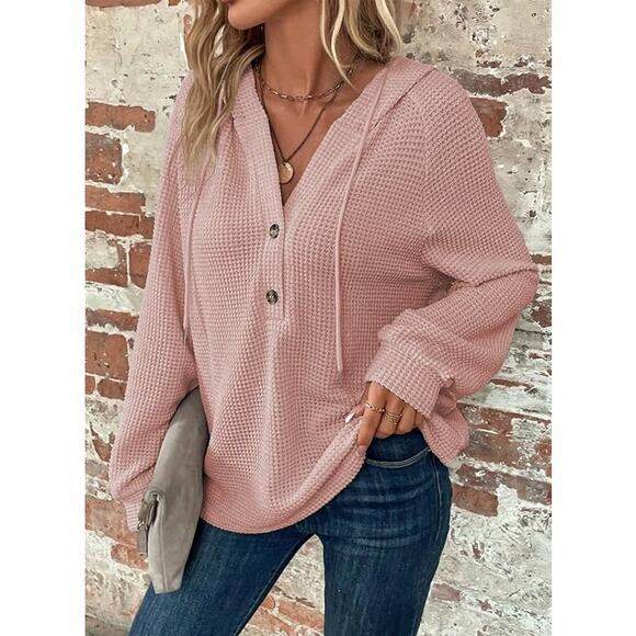 NWT Dokotoo Women's Waffle Knit Drawstring Button V Neck LS Sweaters Pink-SZ L - Picture 5 of 6